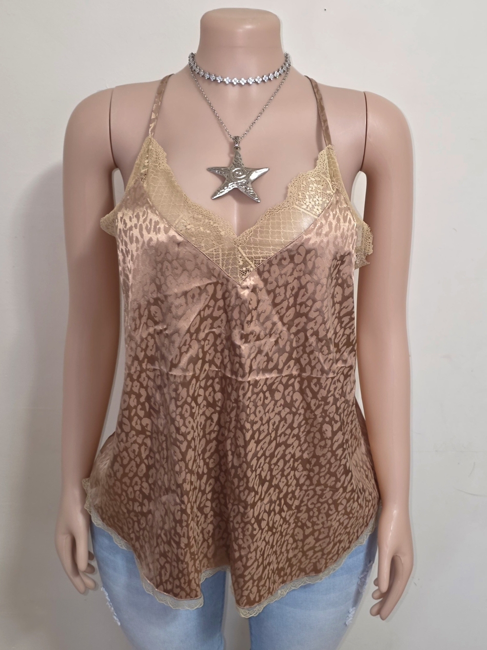 ☆LA MIEL Satin Leopard Lace Cami in Brown and Cream☆